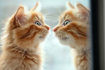 Curious orange kitten gazes at its reflection through a window in soft morning light
