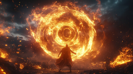 Fantasy concept art of powerful wizards conjuring fiery whirlwinds in a mystical and dramatic setting