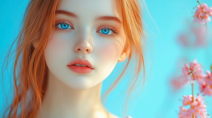 Obraz premium A portrait of a young woman with glowing skin and natural beauty, her expression calm and confident, framed by soft lighting that highlights her features.