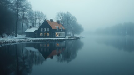 Obraz premium cottages and villas seen through the dense fog covering water of lake shadows of the trees reflected in water sleepy misty landscape film photography