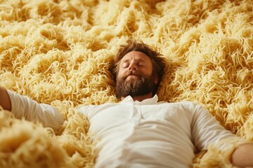 Man enjoys a whimsical escape while lying in a sea of perfectly cooked pasta in a cozy kitchen