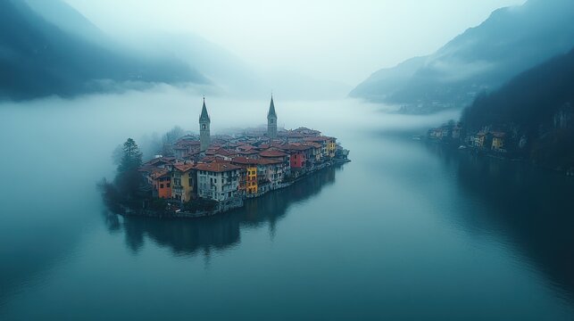drone footage flying through the fog unvealing of the town the corippo valle verzasca