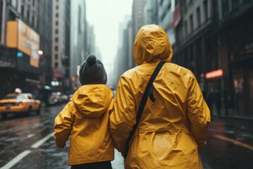 Two figures in yellow raincoats stroll hand in hand down a rainy city street bathed in soft reflections