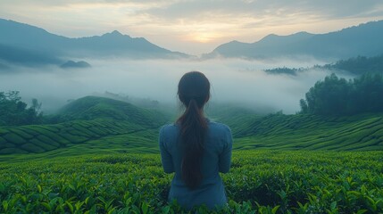 Fototapeta premium early morning scenery of tea gardens in fresh spring atmosphere with ethereal fog in the valley silhouette of distant mountains in pinglin a rural town famous for tea plantation near taipei taiwan