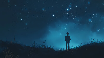 A silhouette man looks at the starlit sky, lost in thought under the infinite expanse of the universe. Starlit. Illustration