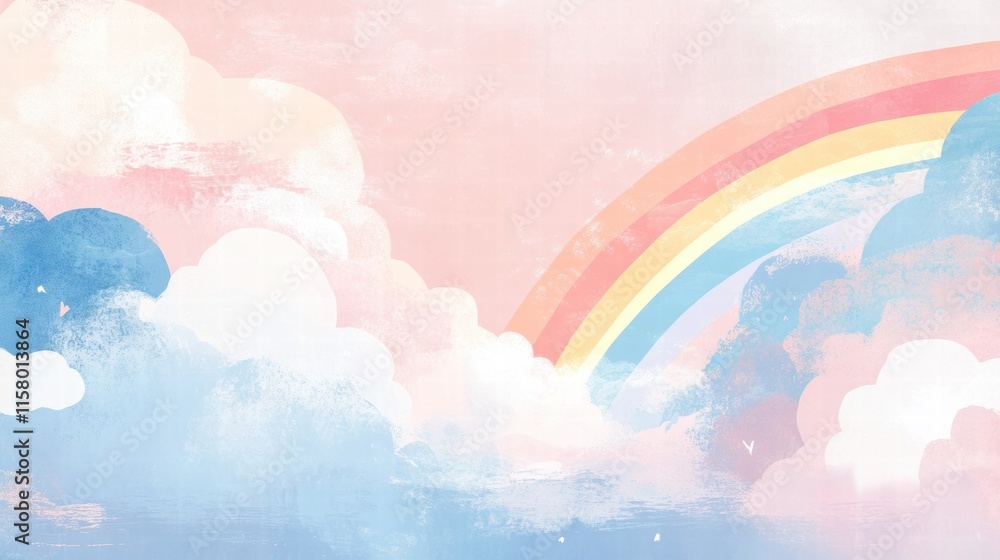 Fototapete vibrant rainbow against a soft pastel sky with fluffy clouds and ample space for creative text eleme