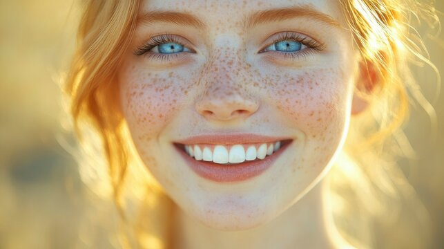 A freckled blonde woman with blue eyes and flawless skin, her smile radiating joy and confidence, creating a fresh, captivating look.