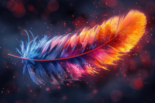 abstract image of a feather, brightly colored in blue, purple, pink and orange tones, with elements of luminous particles and highlights, on a dark background with red bokeh. 