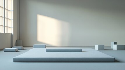 Minimalist room with sunlight, geometric shapes, and a platform.