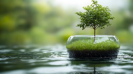 Small tree in glass bowl on water, representing nature, growth, and environmental conservation.
