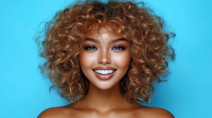 A portrait of a smiling young woman with curly hair and flawless skin, exuding happiness and self-assurance in a natural, effortless style.