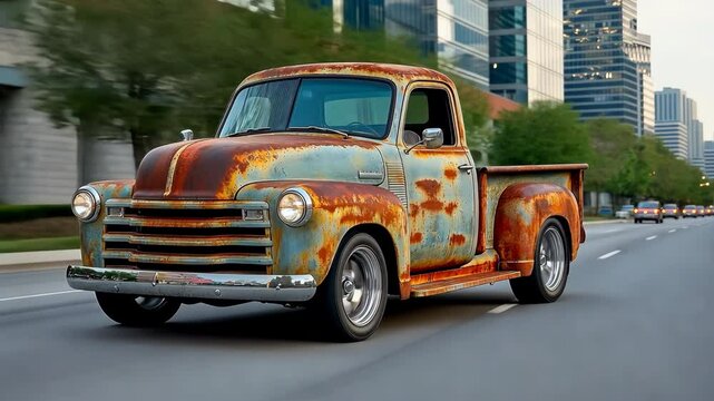 The vintage pickup truck rumbles down the urban street showcasing its rusted patina finish under the city lights, with a massive supercharged engine growling beneath the hood