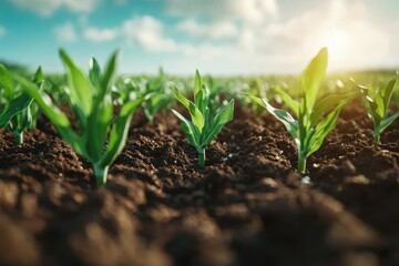 Vibrant green shoots emerge from rich soil under a sunny sky during early morning hours in a flourishing farmland landscape
