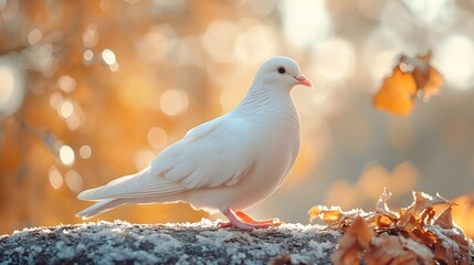 Obraz premium Pure white dove photographed in profile, showcasing detailed plumage texture against a soft bokeh park background with trees, captured in natural daylight with crystal-clear focus on the bird.