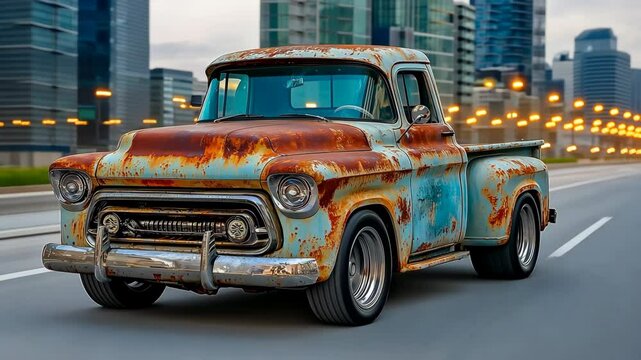 The vintage pickup truck rumbles down the urban street showcasing its rusted patina finish under the city lights, with a massive supercharged engine growling beneath the hood