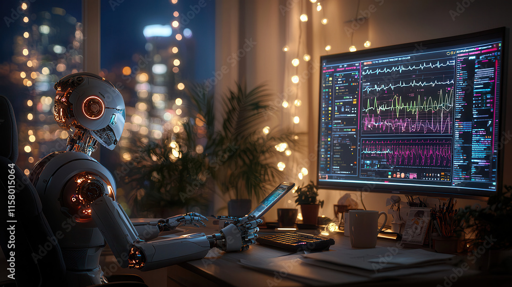 Poster ai robot analyzing data on computer screen in modern office at night, surrounded by city lights and 