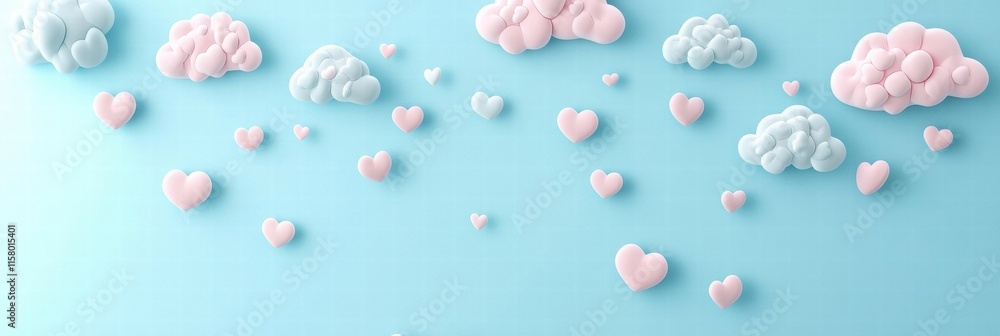Poster whimsical hand drawn valentines day design with playful clouds and hearts on a light blue background