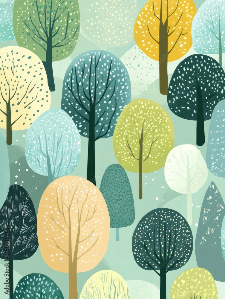 Poster Colorful naive art style forest with vibrant trees and ample copy space for creative text placement. Generative AI