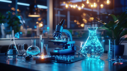high tech laboratory featuring AI powered microscopes, glowing glassware, and various scientific instruments creates innovative atmosphere