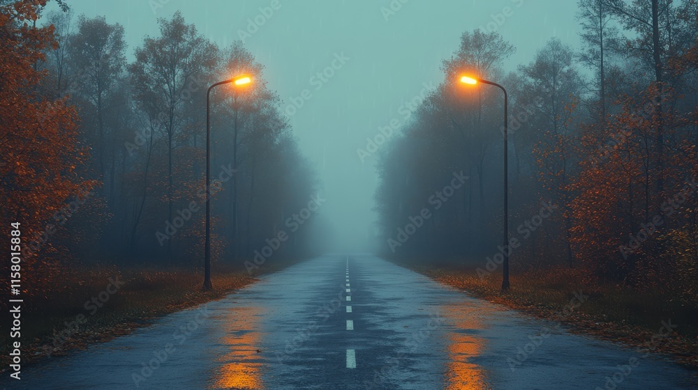 Poster foggy street lamp in the autumn park 3d rendering an empty illuminated country asphalt road through 