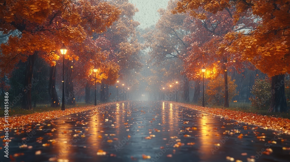 Poster foggy street lamp in the autumn park 3d rendering an empty illuminated country asphalt road through 
