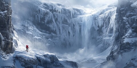 Ice climber ascending frozen waterfall icy mountains adventure photography winter landscape horizontal view extreme sport