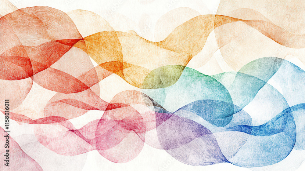 Poster abstract artwork featuring colorful overlapping waves in pastel tones, creating serene and harmoniou