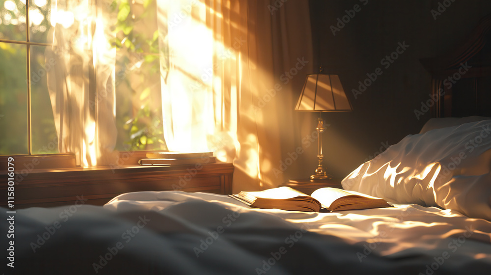 Poster serene bedroom corner with soft white sheets, sunlight streaming through window, creating warm and i