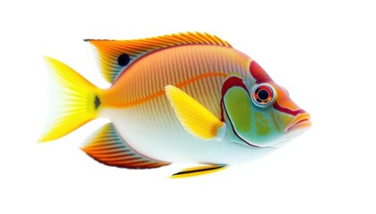 close-up of a tropical fish swimming gracefully on white background