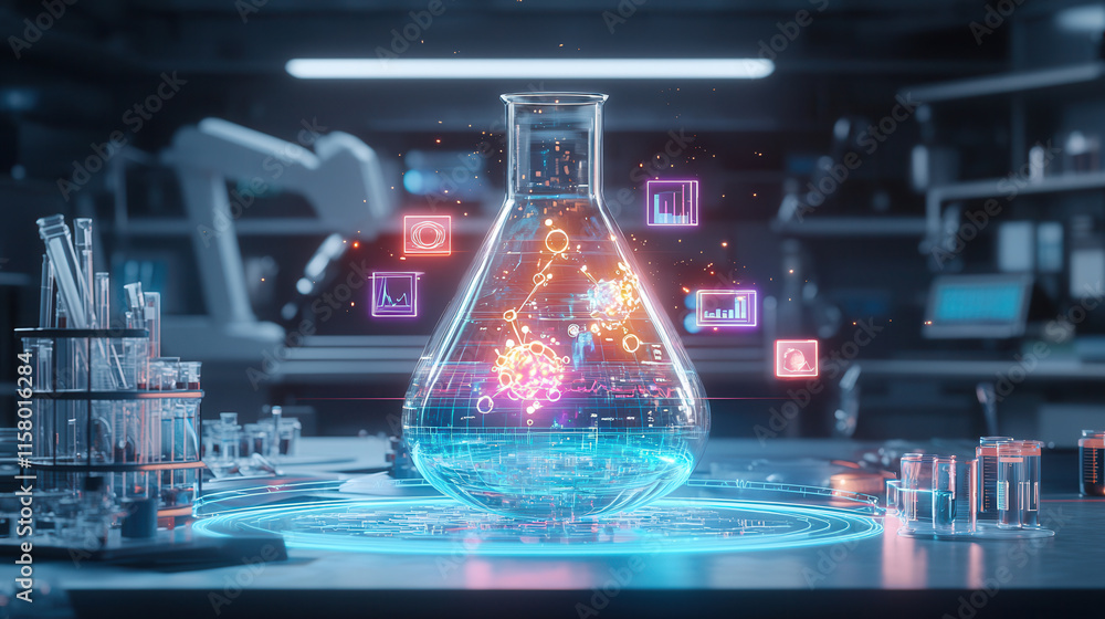 Aufkleber futuristic laboratory scene featuring holographic flask with data visualizations, symbolizing innova