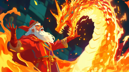 Bright cartoon-style illustrations of wizards controlling fiery dragons, with energetic and magical effects