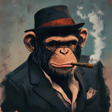 Gorilla ape wearing a fancy hat and jacket smoking a marijuana weed spliff