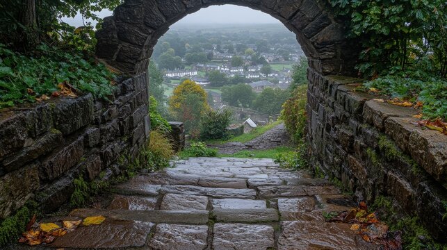 gateway at clitheroe castle looking down into the village