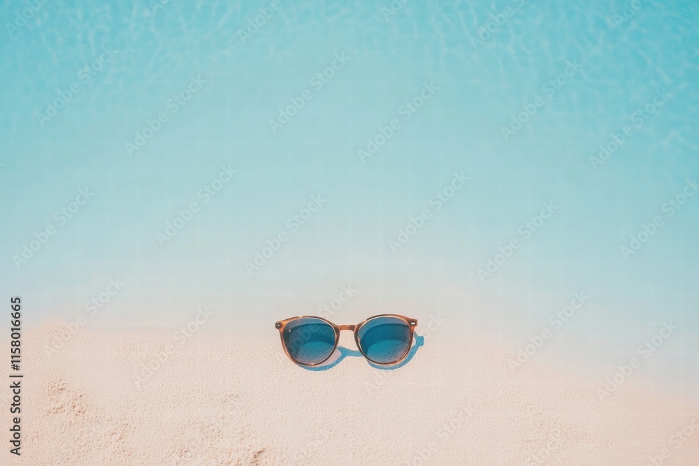 Poster sunglasses resting on a sandy beach with turquoise water creating a tranquil vacation atmosphere. ge