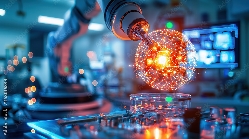 Poster ai assisted robotic arm creating glowing sphere in lab environment, showcasing innovation and techno