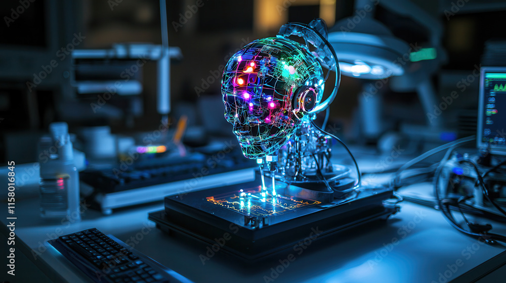 Poster futuristic robotic head with colorful lights, showcasing advanced technology and innovation in lab s