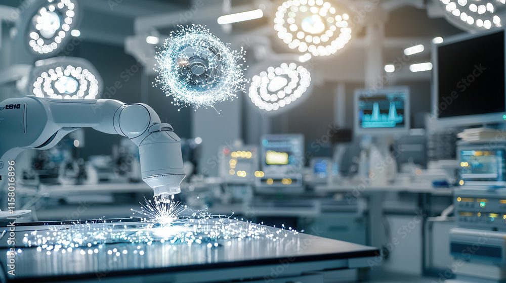 Poster innovative ai assisted robotic arm performing precise tasks in modern lab, showcasing advanced techn