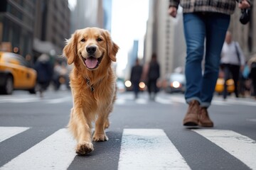 Golden retriever joyfully walks across the bustling city street on a bright day in New York