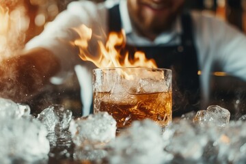Trend setting bartender creates a fiery cocktail experience in a stylish bar