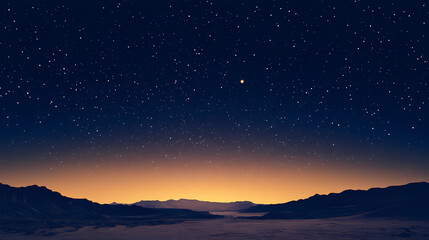 a scenic desert canyon glowing in the golden hour, transitioning to a starlit expanse under a dark sky. Starlit. Illustration