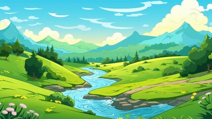 Serene River Valley Mountain Landscape Scene