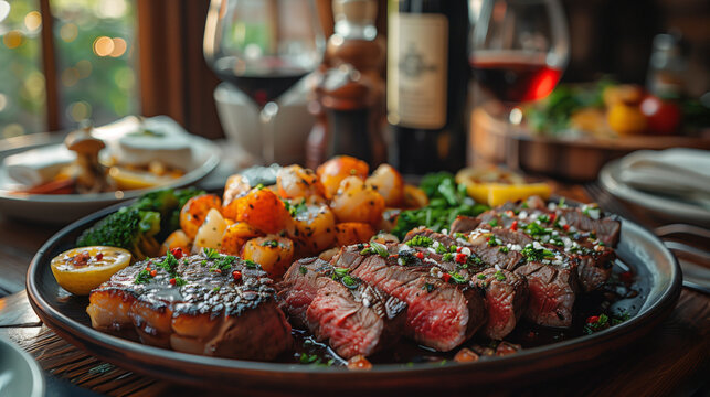 Art Deco elegance. Wooden table, lobster butter, king crab herbs, Kobe steak sliced, fish garnishes. Fine dining.