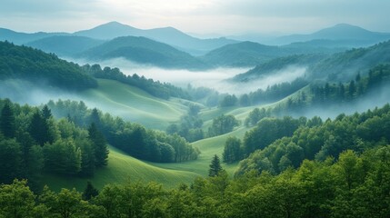 Fototapeta premium hills and landscape in fog morning view