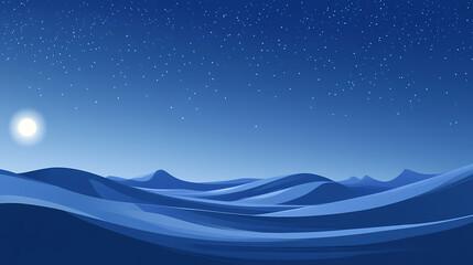Fototapeta premium A minimalist desert vista at dusk, highlighting the elegant curves of wind-swept dunes against a backdrop of a starlit sky. wind-swept desert. illustration. Starlit. Illustration