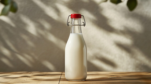 Milk bottle mockup with red cap on wooden table in natural light