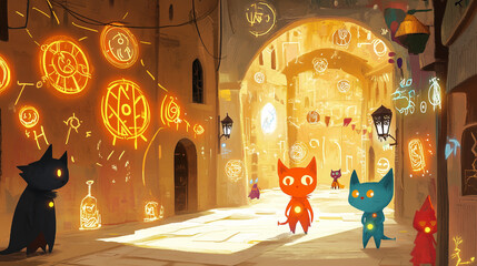 Whimsical Fantasy Alley with Neon-Lit Cats and Glowing Magical Symbols