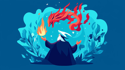 Flat Style Minimalist Wizard Summoning Fiery Dragons in Vibrant Scenes