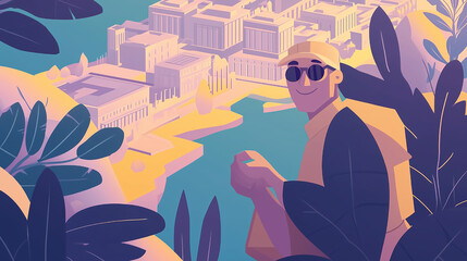 Modern Flat Style Illustration of a Traveler Exploring Urban Scenic Landscape