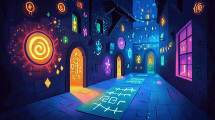 Mystical Fantasy Illustrations with Neon Glowing Symbols in Whimsical Worlds