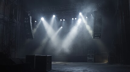 Empty stage with spotlights and speakers.